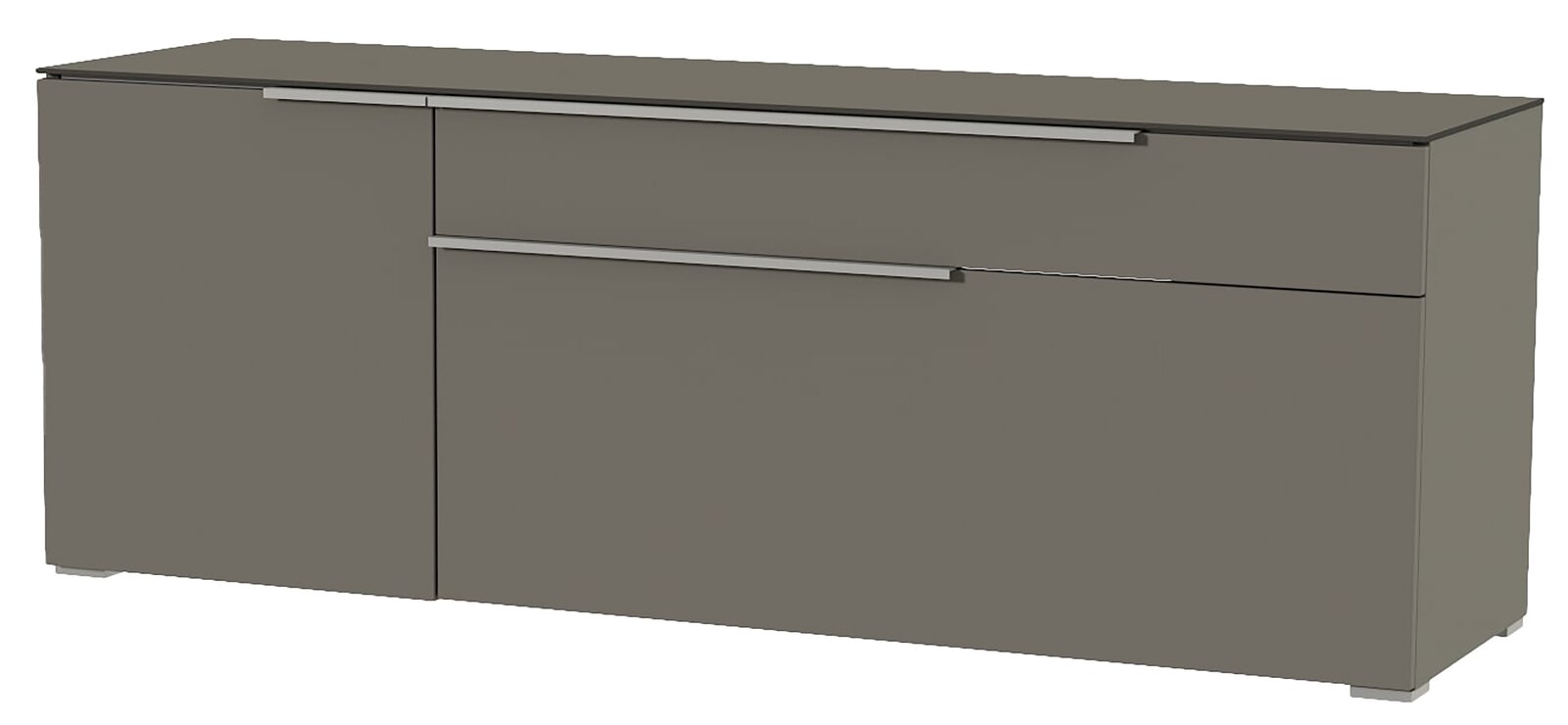 Modernes TV-Lowboard in grauer Farbe mit zwei Schubladen und einer Tür, seitliche Perspektive