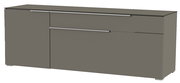 Modernes TV-Lowboard in grauer Farbe mit zwei Schubladen und einer Tür, seitliche Perspektive