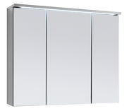 Moderner Spiegelschrank mit drei Türen und integrierter LED-Beleuchtung, seitliche Perspektive