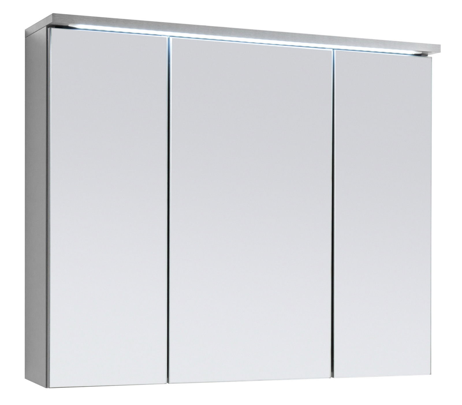 Moderner Spiegelschrank mit drei Türen und integrierter LED-Beleuchtung, seitliche Perspektive