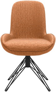 Moderner Stuhl mit braunem Stoffbezug und schwarzem Metallgestell, Frontalansicht