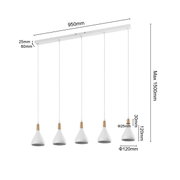 Moderne Hängeleuchte mit fünf weißen Lampenschirmen, Holzdetails und verstellbarer Höhe, seitliche Ansicht.