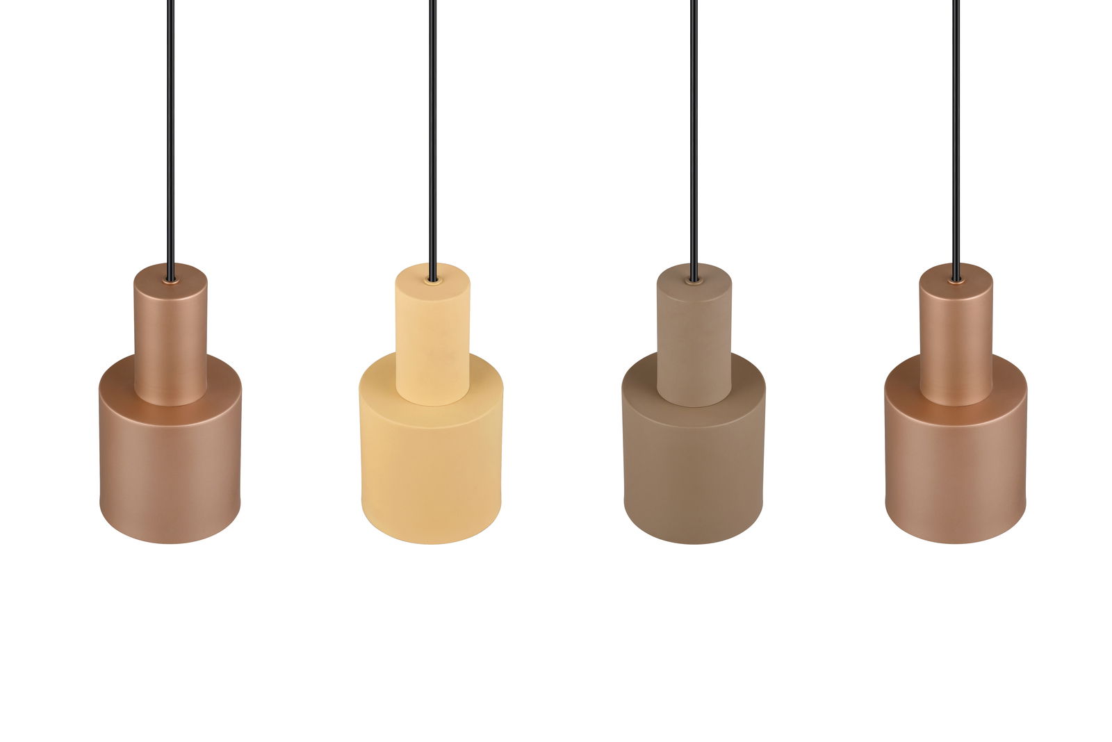 Vier zylindrische Pendelleuchten in verschiedenen Erdtönen, von vorne betrachtet.