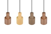 Vier zylindrische Pendelleuchten in verschiedenen Erdtönen, von vorne betrachtet.