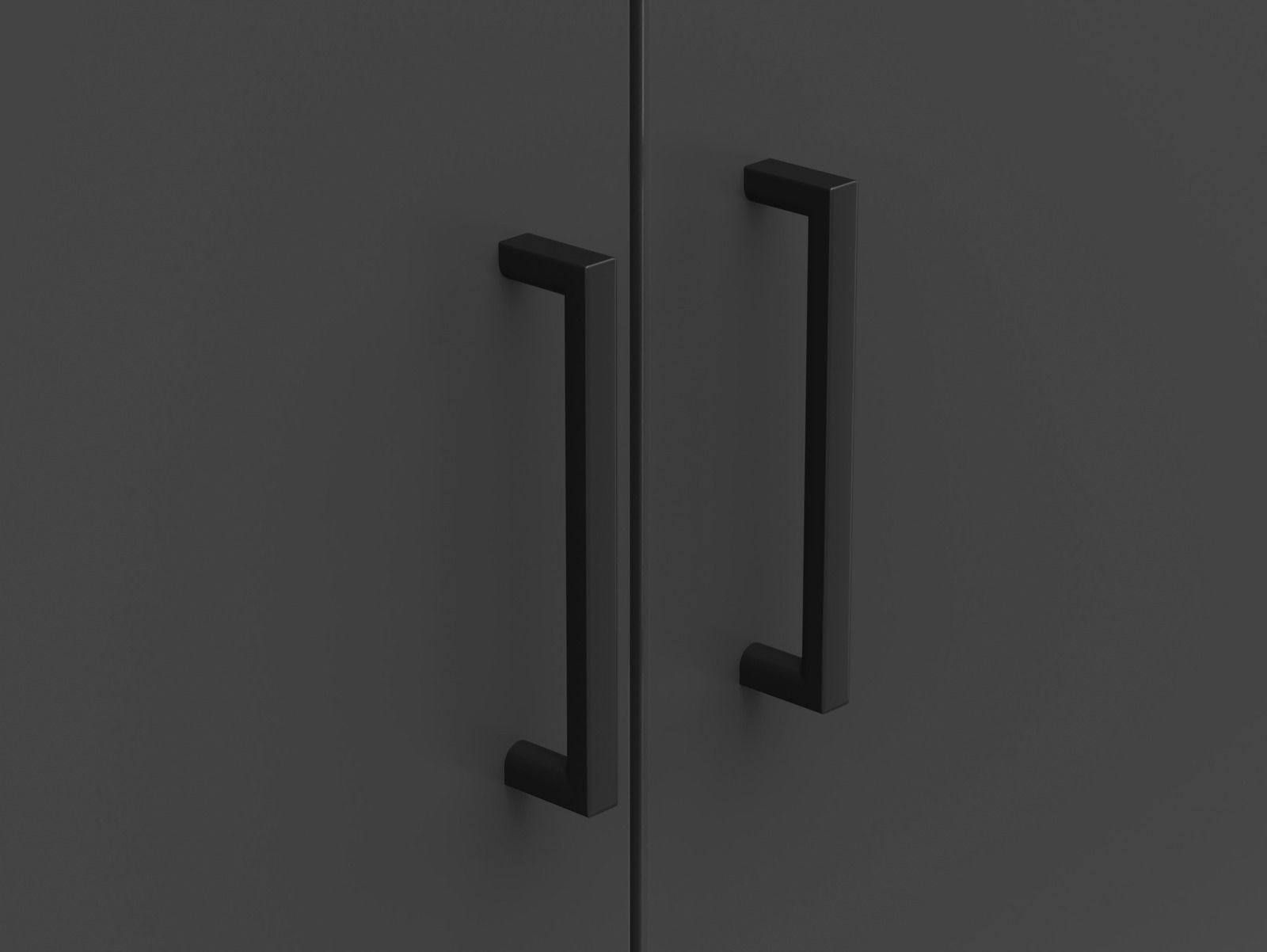 Nahaufnahme von zwei schwarzen Griffen an einem dunkelgrauen Mehrzweckschrank, Frontalansicht.