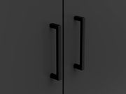 Nahaufnahme von zwei schwarzen Griffen an einem dunkelgrauen Mehrzweckschrank, Frontalansicht.