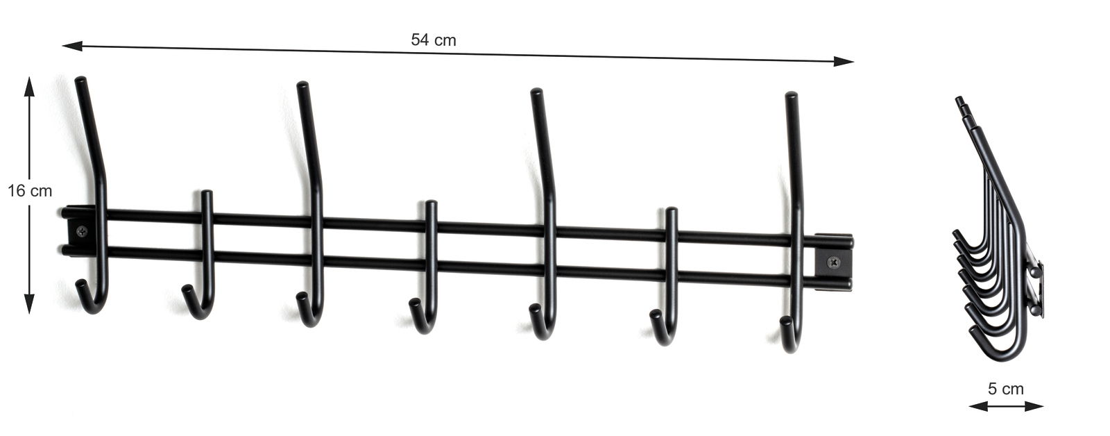 Schwarze Garderobenleiste mit fünf Haken, Vorder- und Seitenansicht, Maße 54 cm x 16 cm x 5 cm
