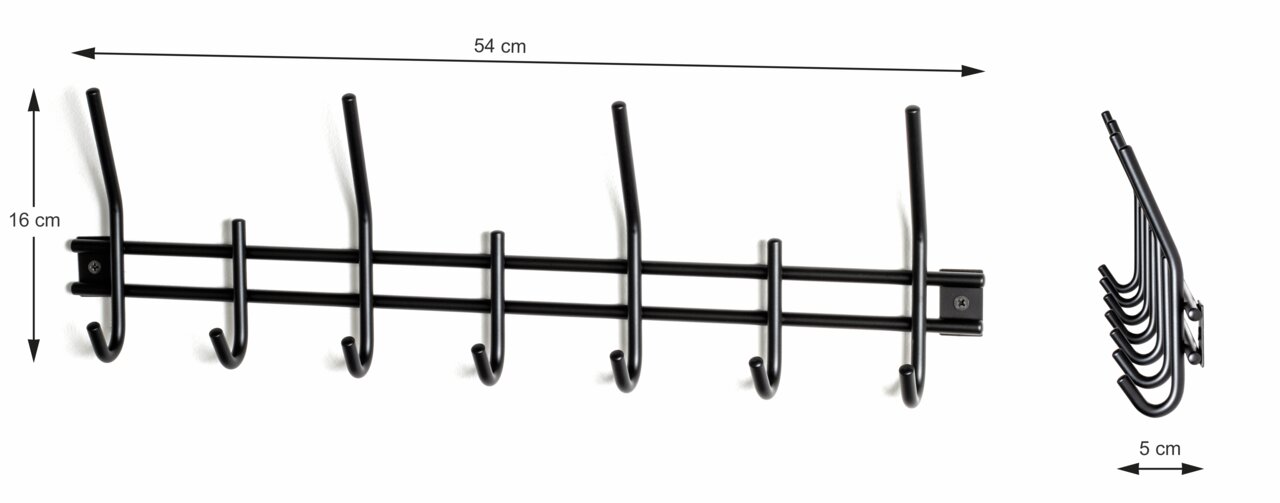 Schwarze Garderobenleiste mit fünf Haken, Vorder- und Seitenansicht, Maße 54 cm x 16 cm x 5 cm