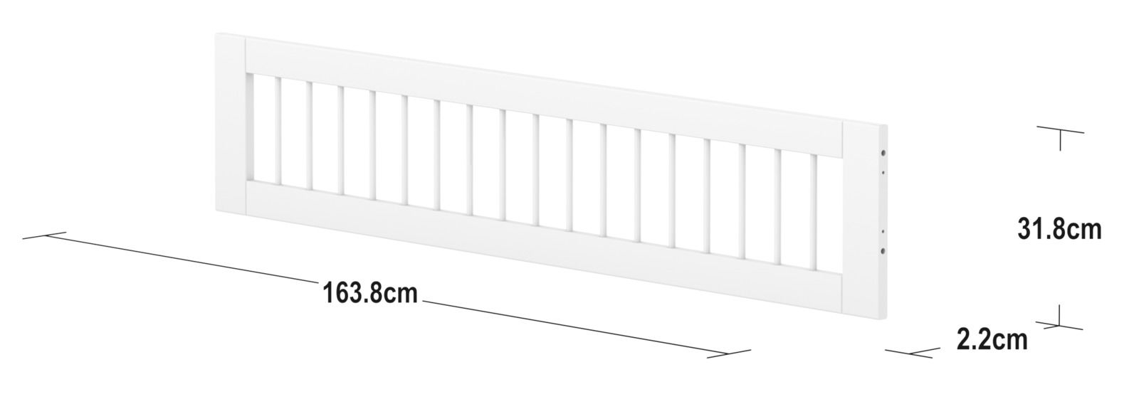 Weiße Absturzsicherung mit vertikalen Streben, seitliche Perspektive, Maße: 163,8 cm Länge, 31,8 cm Höhe, 2,2 cm Tiefe.