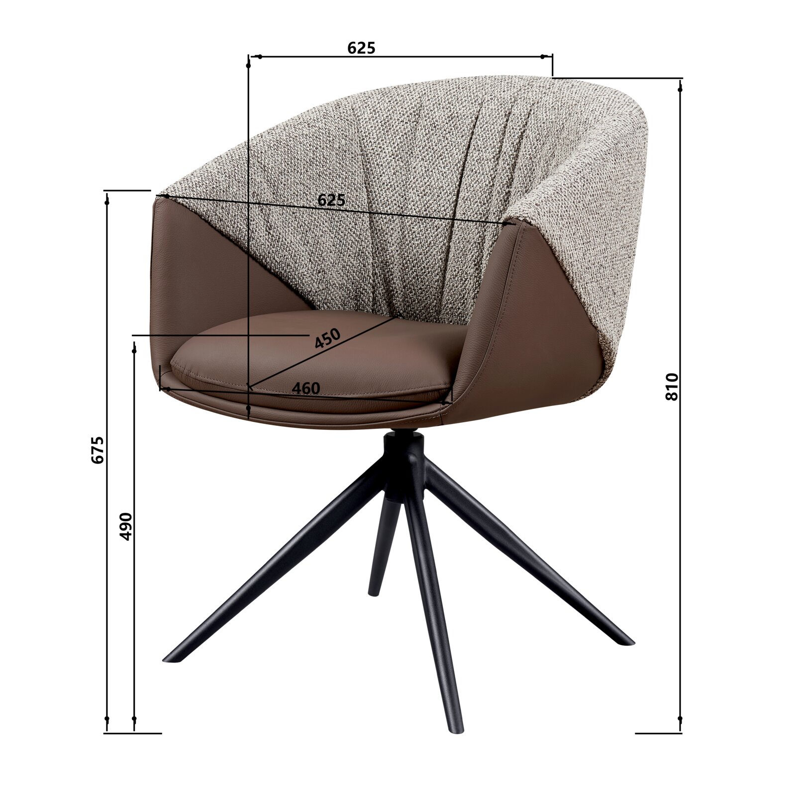 Moderne fauteuil met gestoffeerde zitting en rugleuning, bruin leer en grijze stoffen bekleding, op een zwart metalen onderstel. Zijaanzicht.