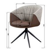 Moderne fauteuil met gestoffeerde zitting en rugleuning, bruin leer en grijze stoffen bekleding, op een zwart metalen onderstel. Zijaanzicht.