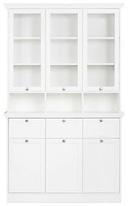 Weißes Buffet mit Glastüren und Schubladen, Frontalansicht