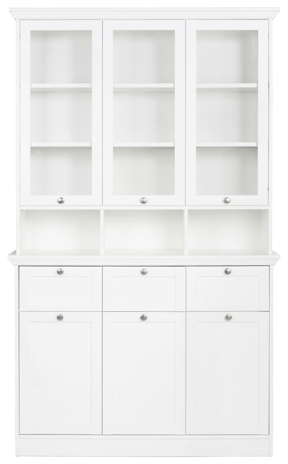 Weißes Buffet mit Glastüren und Schubladen, Frontalansicht