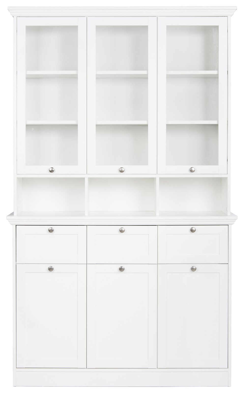 Weißes Buffet mit Glastüren und Schubladen, Frontalansicht