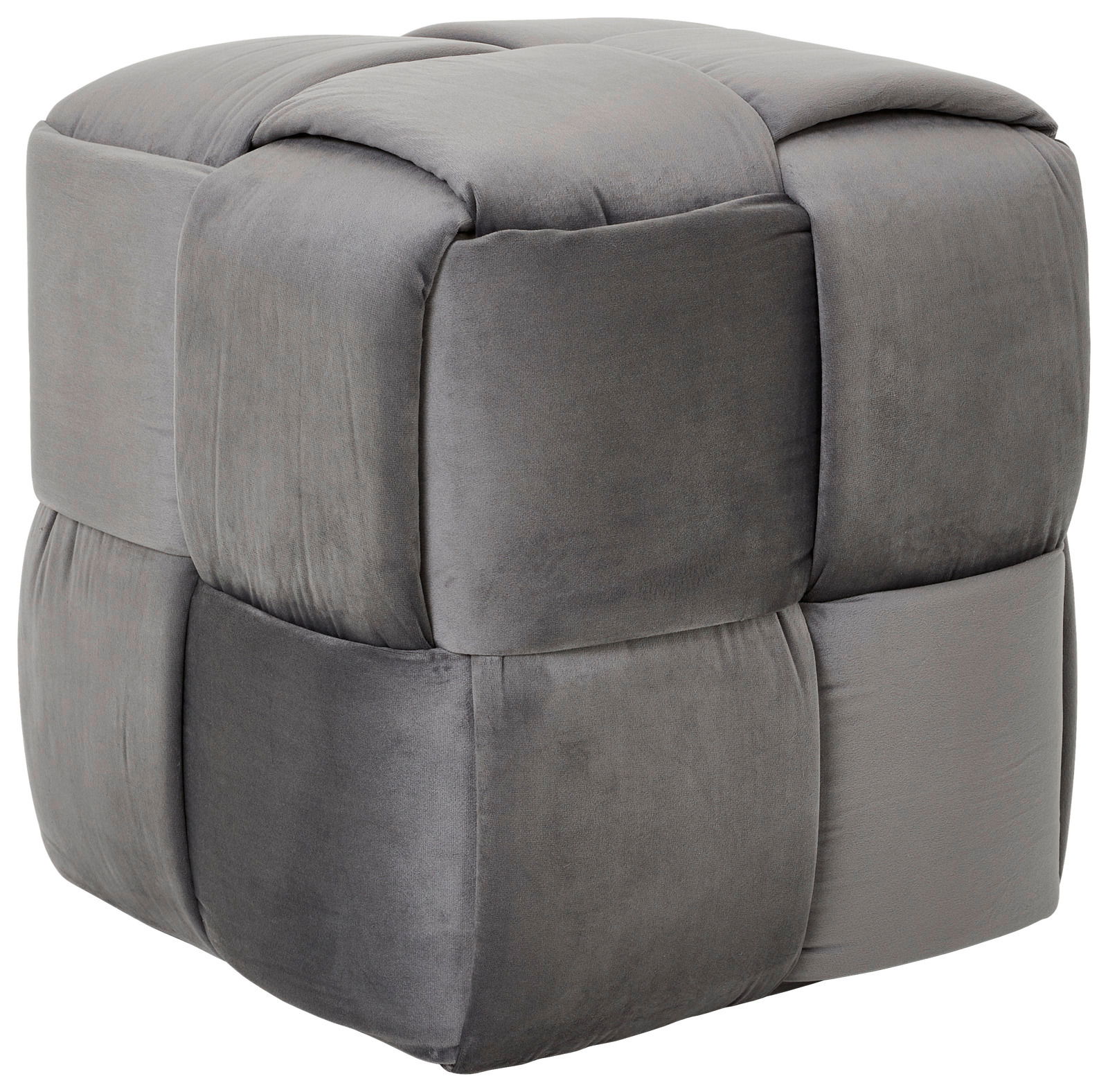 Grauer, gepolsterter Hocker in Würfelform, seitliche Perspektive