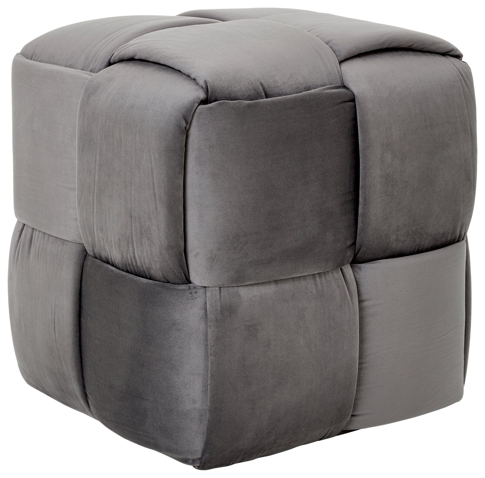 Grauer, gepolsterter Hocker in Würfelform, seitliche Perspektive