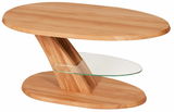Moderner Couchtisch aus Holz mit ovaler Glasablage, seitliche Perspektive