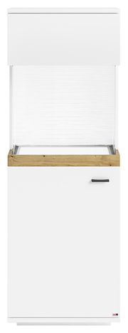Vitrine in weiß mit Holzdetails, Frontalansicht
