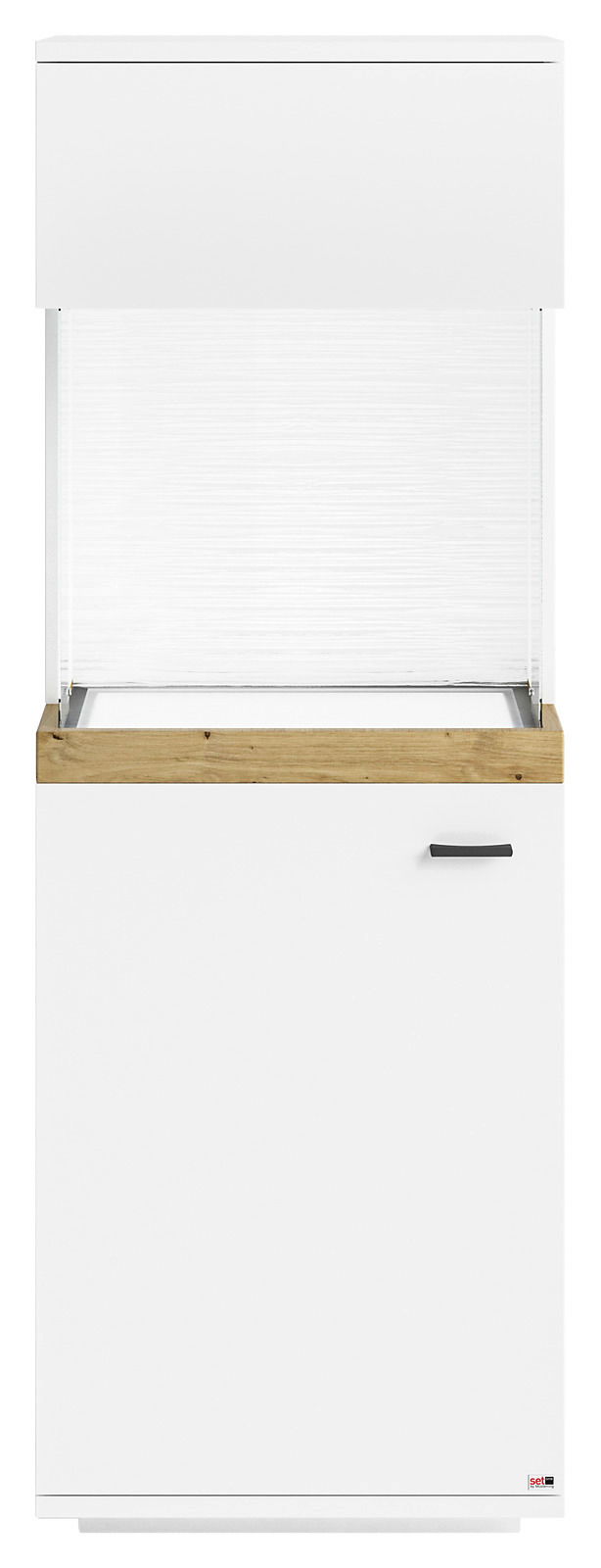 Vitrine in weiß mit Holzdetails, Frontalansicht