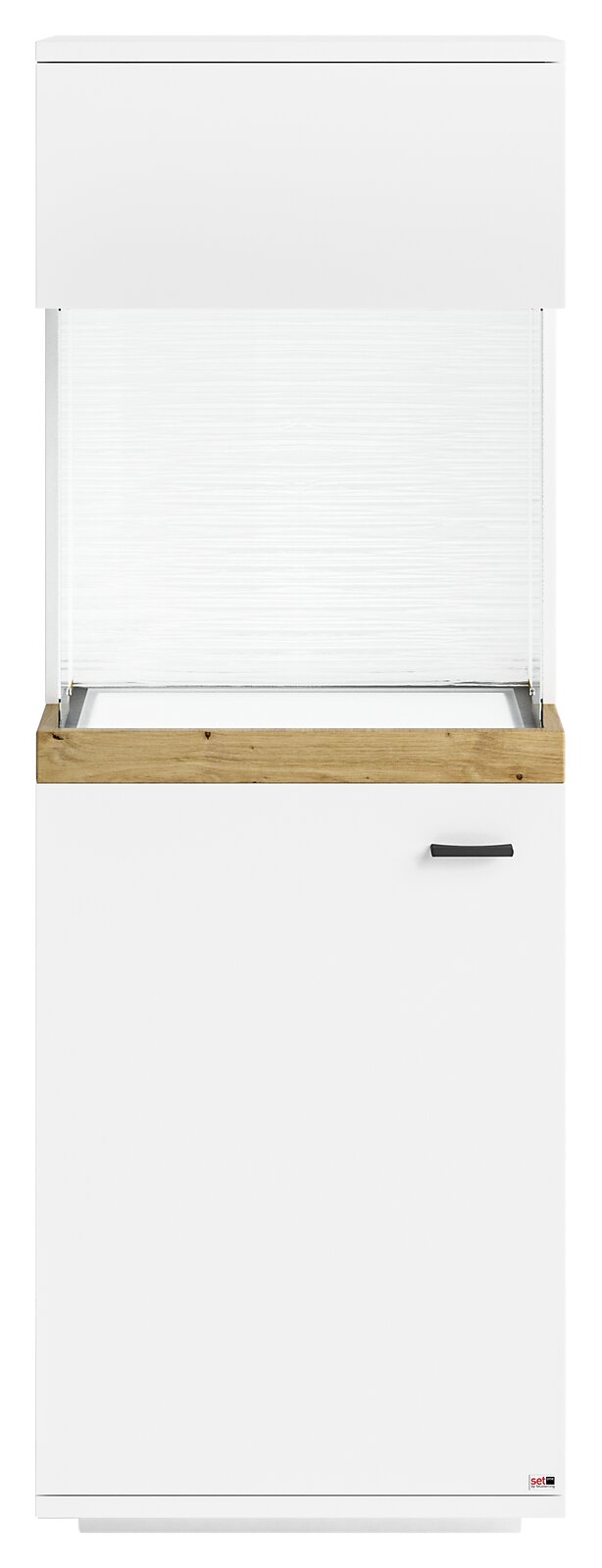 Vitrine in weiß mit Holzdetails, Frontalansicht