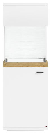 Vitrine in weiß mit Holzdetails, Frontalansicht