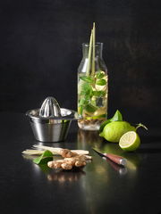 Zitronenpresse aus Edelstahl in seitlicher Perspektive, umgeben von frischen Zutaten wie Limetten, Ingwer und Zitronengras auf einer dunklen Arbeitsfläche.