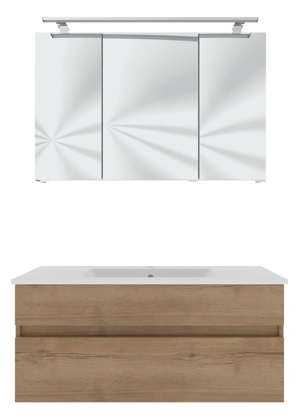 Novel Badblock NV.210 Moderner Badblock mit Holzoptik und integriertem Waschbecken, kombiniert mit einem eleganten Spiegelschrank. Frontalansicht.