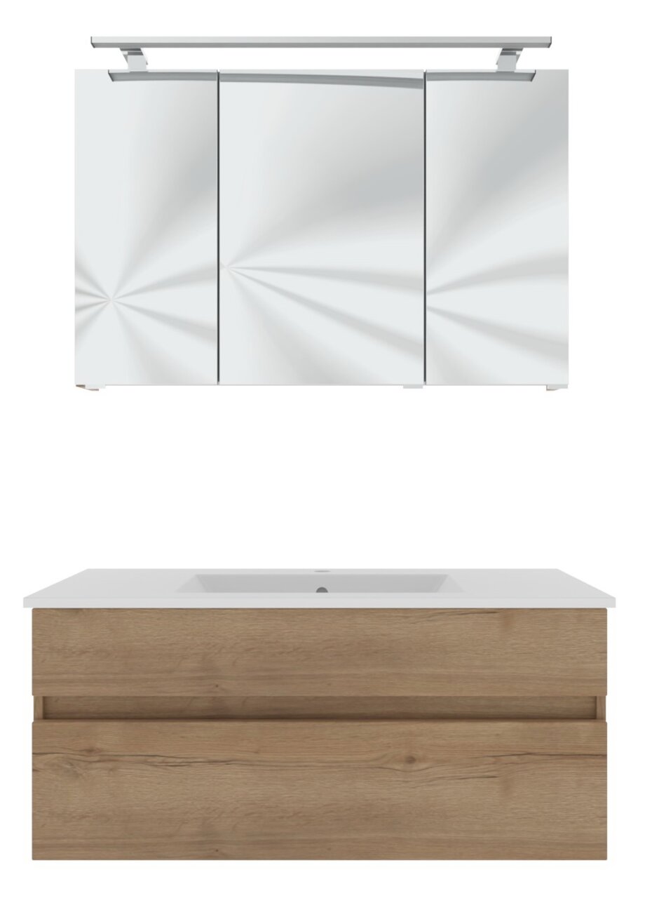 Moderner Badblock mit Holzoptik und integriertem Waschbecken, kombiniert mit einem eleganten Spiegelschrank. Frontalansicht.