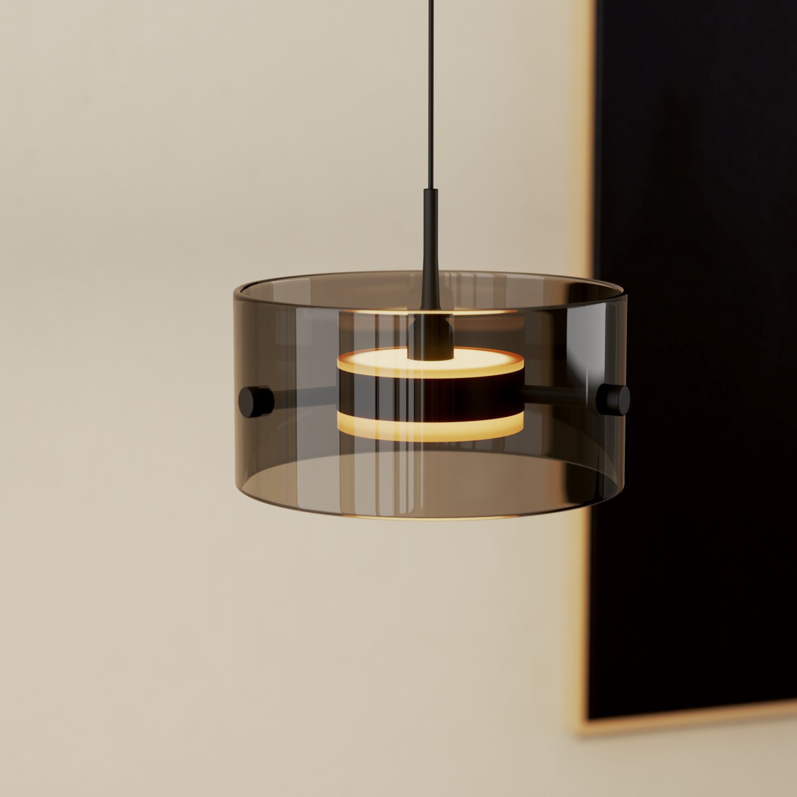Moderne LED-Hängeleuchte mit transparentem, zylindrischem Schirm, seitliche Perspektive