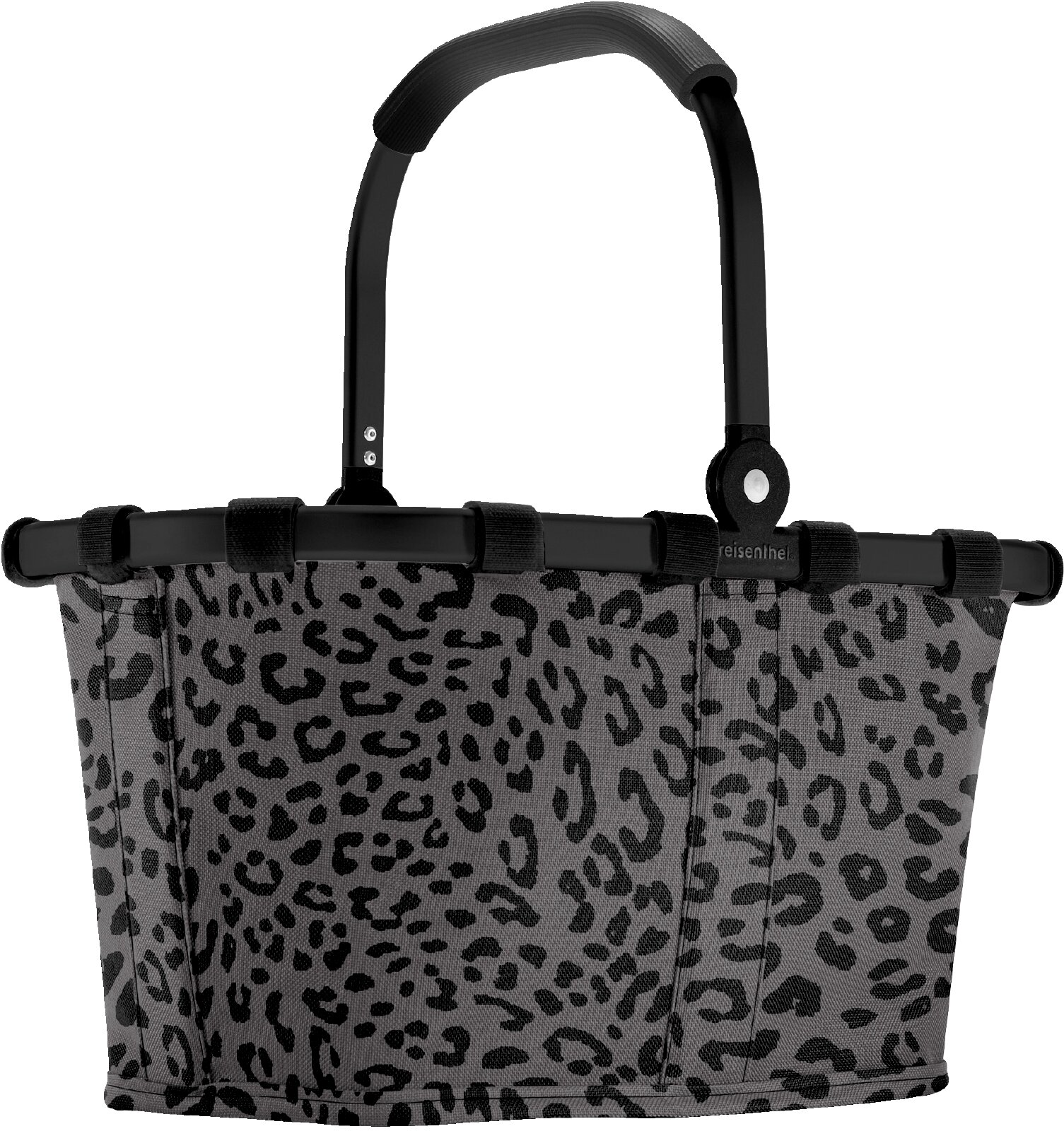 Reisenthel Carrybag XS LEO GRAPHITE Reisenthel draagmand in grijs met zwarte luipaardprint en inklapbare handgreep, gezien vanuit vooraanzicht