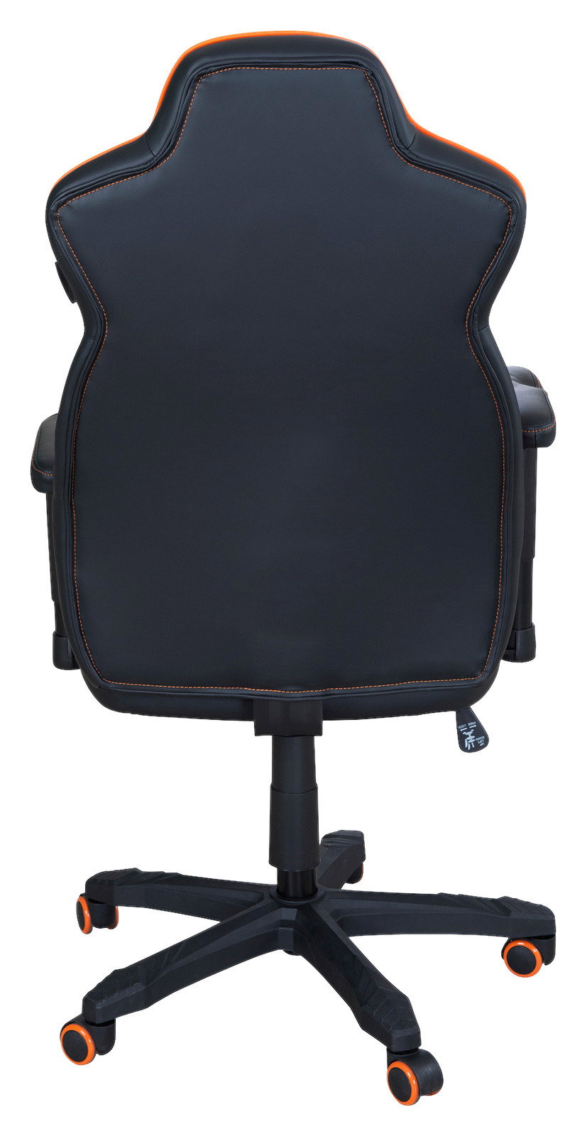 Rückansicht eines Gaming-Stuhls mit schwarzem Bezug und orangefarbenen Nähten, auf einem fünfarmigen Fuß mit Rollen.