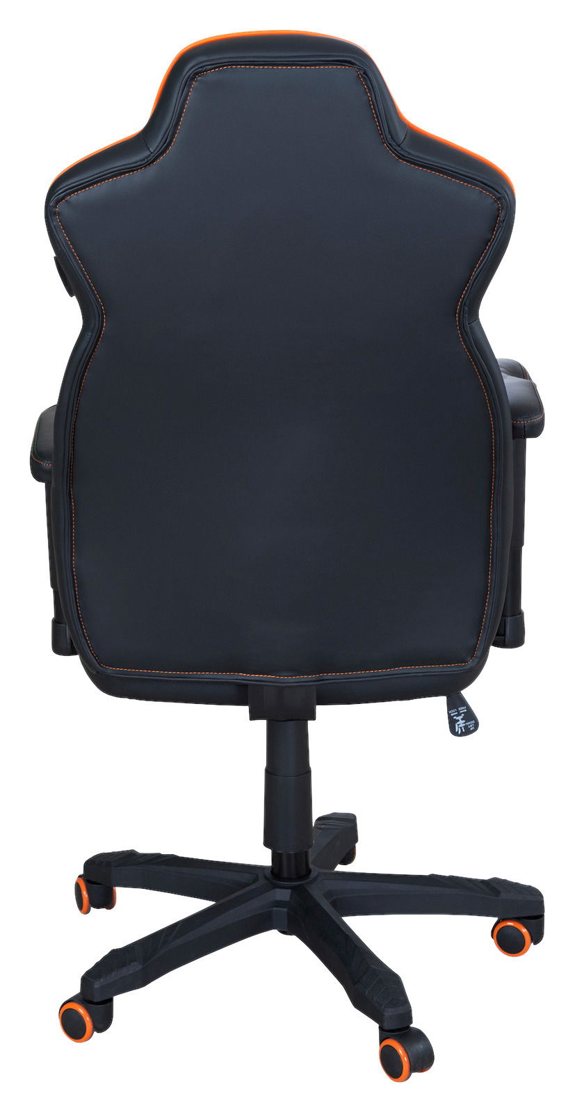 Rückansicht eines Gaming-Stuhls mit schwarzem Bezug und orangefarbenen Nähten, auf einem fünfarmigen Fuß mit Rollen.