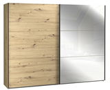 Schwebetürenschrank mit Holzoptik und Spiegel, Frontalansicht