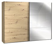 Schwebetürenschrank mit Holzoptik und Spiegel, Frontalansicht