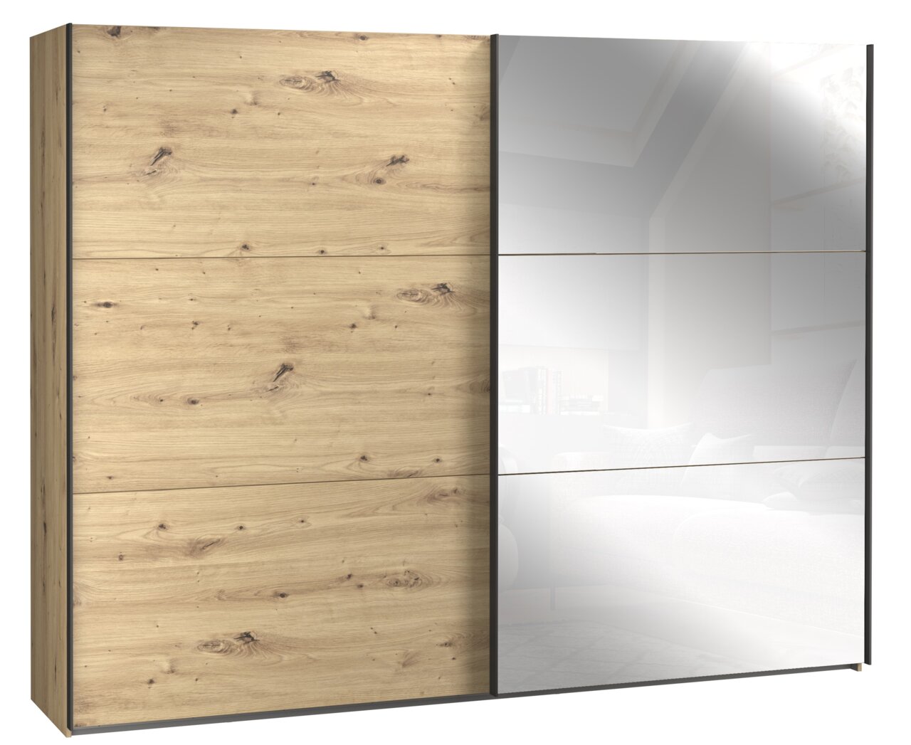 Schwebetürenschrank mit Holzoptik und Spiegel, Frontalansicht