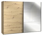 Schwebetürenschrank mit Holzoptik und Spiegel, Frontalansicht