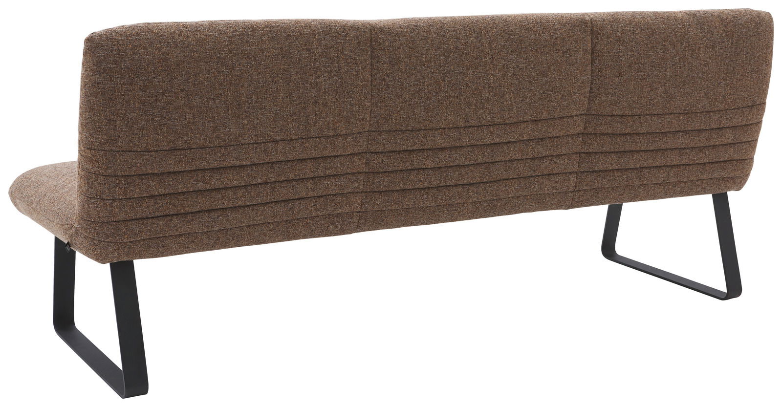 Rückansicht einer braunen Sitzbank mit Metallbeinen und gestepptem Stoffbezug.