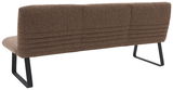 Rückansicht einer braunen Sitzbank mit Metallbeinen und gestepptem Stoffbezug.
