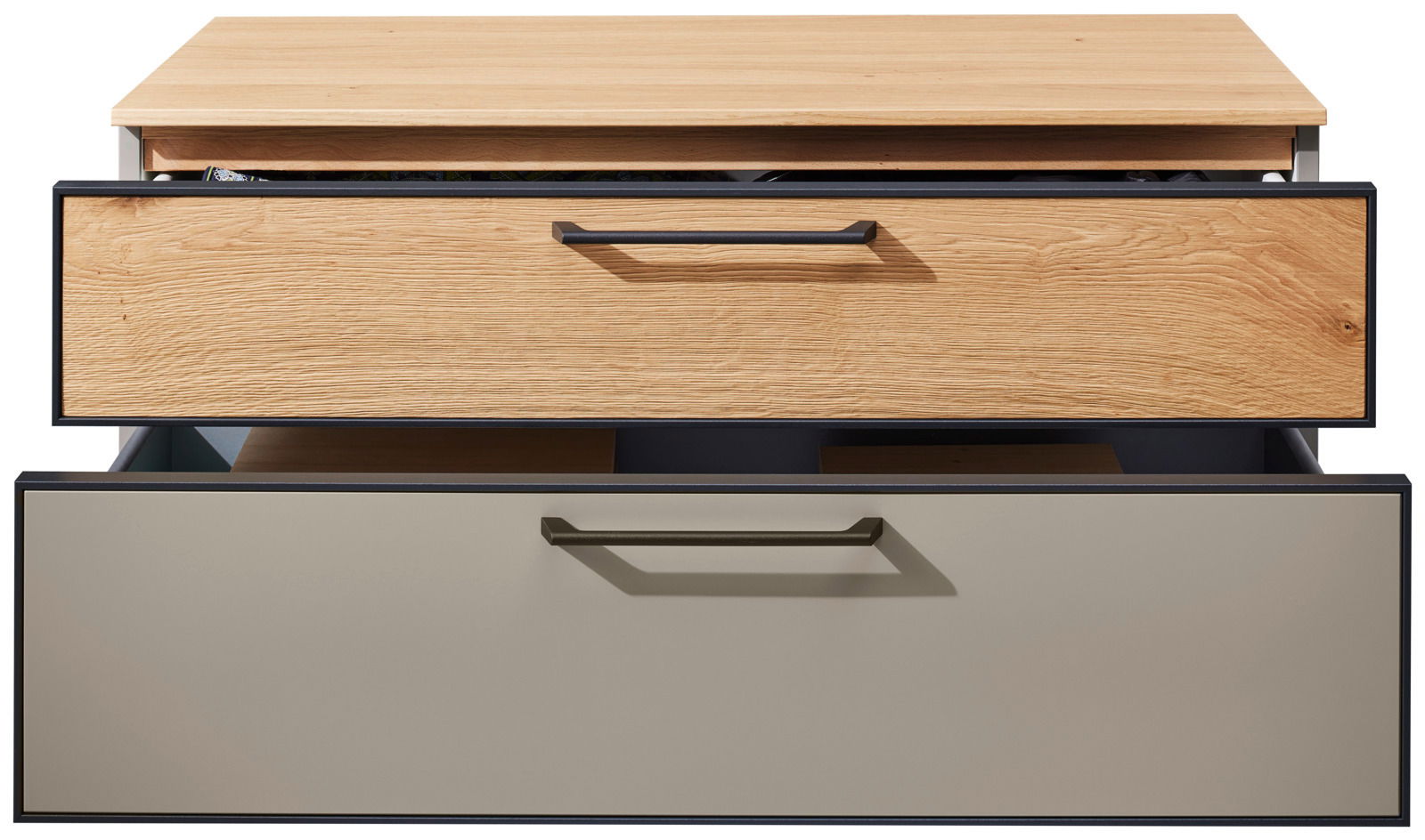 Frontale Ansicht einer Garderobenbank mit zwei Schubladen, die obere aus Holz und die untere in einem neutralen Farbton.