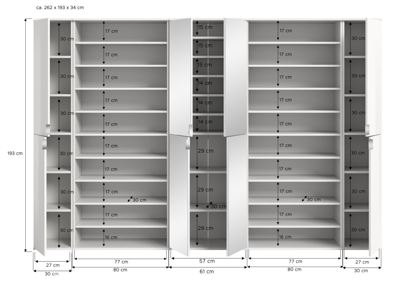 Frontale Ansicht einer Garderobenkombination mit mehreren Fächern und Türen, ca. 262 x 193 x 34 cm groß.
