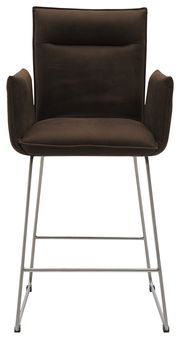 Vorderansicht eines Tresensessels mit braunem Polster und Metallbeinen.