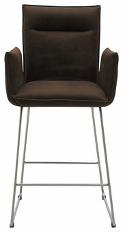 Vorderansicht eines Tresensessels mit braunem Polster und Metallbeinen.