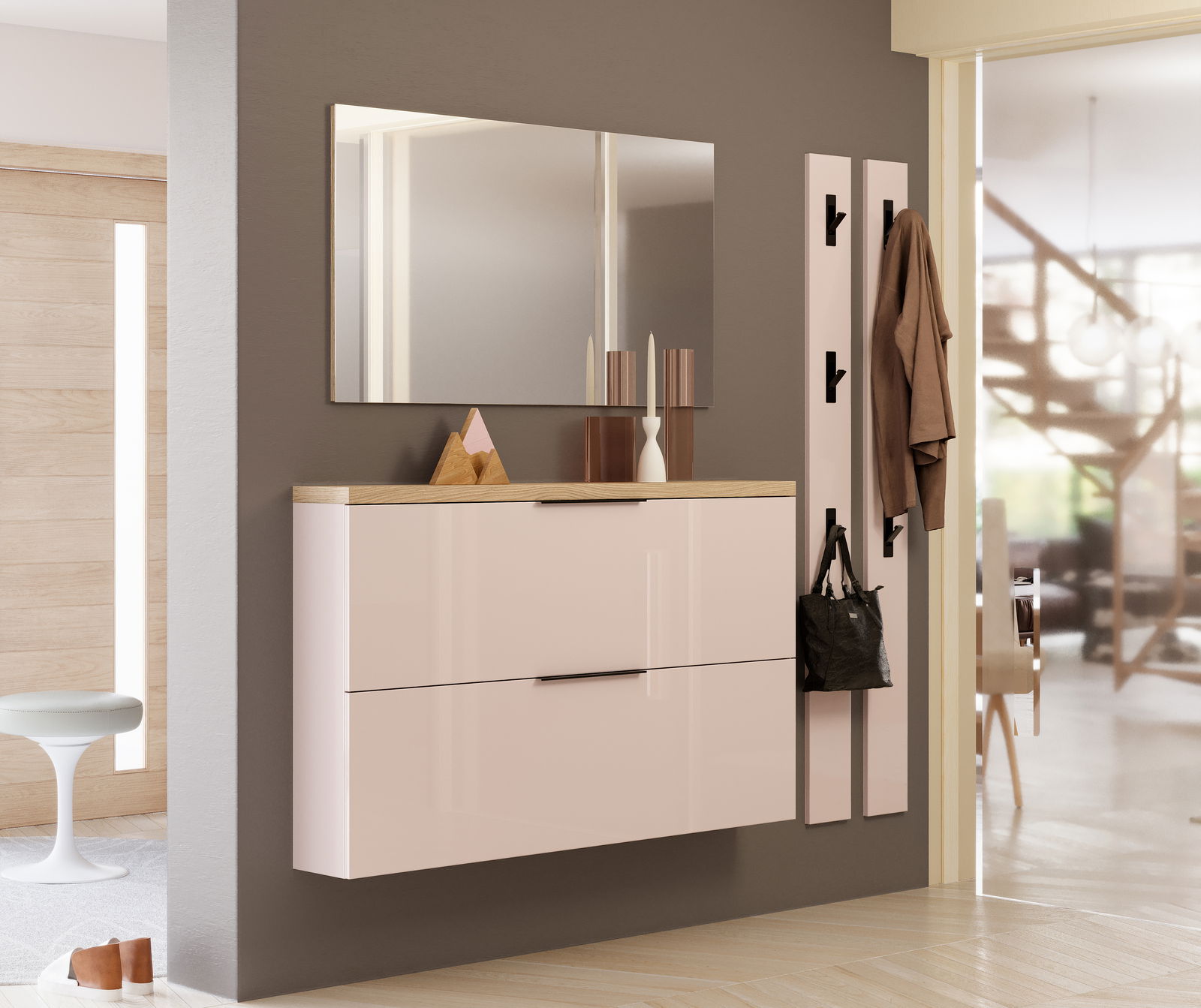 XORA Garderobenleiste IDEA Moderne Garderobenleiste in einem Flur, mit mehreren Haken für Jacken und Taschen, aus einer seitlichen Perspektive betrachtet.