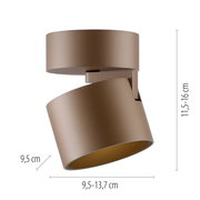 LED-Spot in seitlicher Perspektive mit verstellbarem zylindrischem Design, braune Farbe, Maße 9,5-13,7 cm Breite und 11,5-16 cm Höhe.