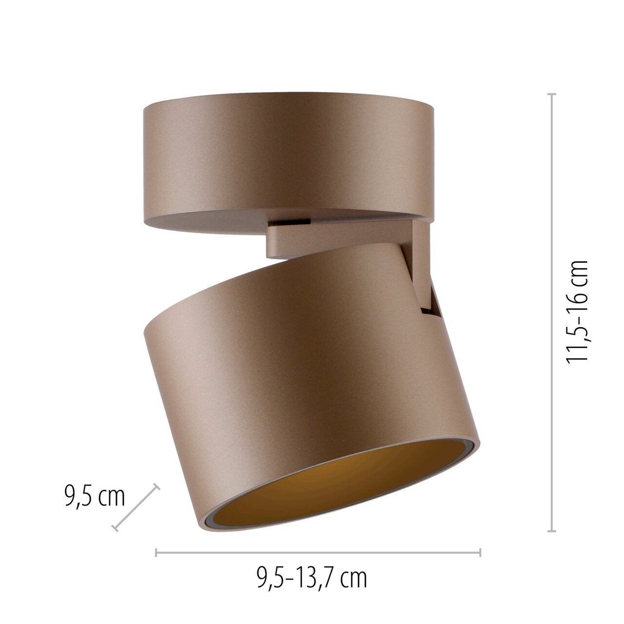 LED-Spot in seitlicher Perspektive mit verstellbarem zylindrischem Design, braune Farbe, Maße 9,5-13,7 cm Breite und 11,5-16 cm Höhe.