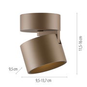 LED-Spot in seitlicher Perspektive mit verstellbarem zylindrischem Design, braune Farbe, Maße 9,5-13,7 cm Breite und 11,5-16 cm Höhe.