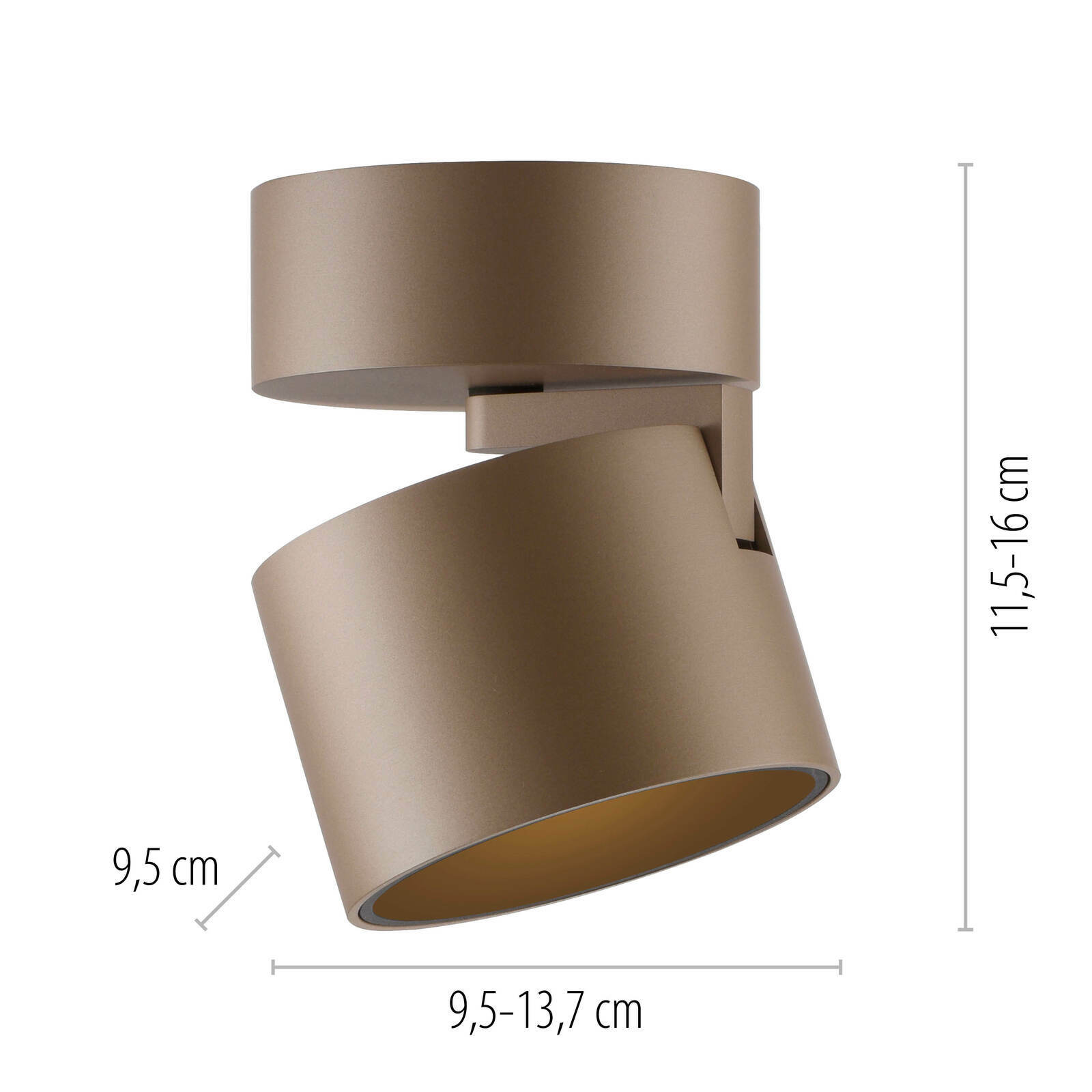 LED-Spot in seitlicher Perspektive mit verstellbarem zylindrischem Design, braune Farbe, Maße 9,5-13,7 cm Breite und 11,5-16 cm Höhe.
