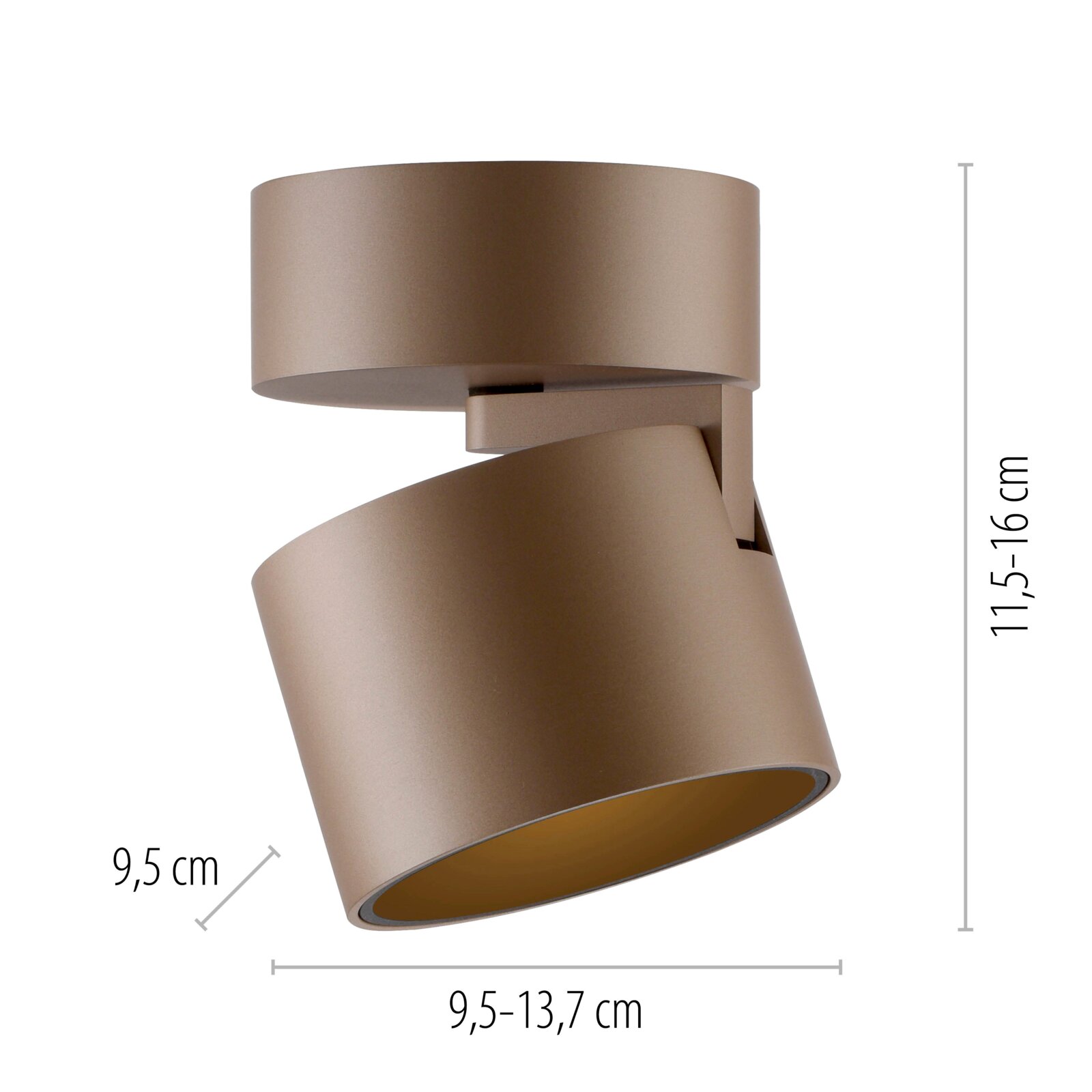 LED-Spot in seitlicher Perspektive mit verstellbarem zylindrischem Design, braune Farbe, Maße 9,5-13,7 cm Breite und 11,5-16 cm Höhe.
