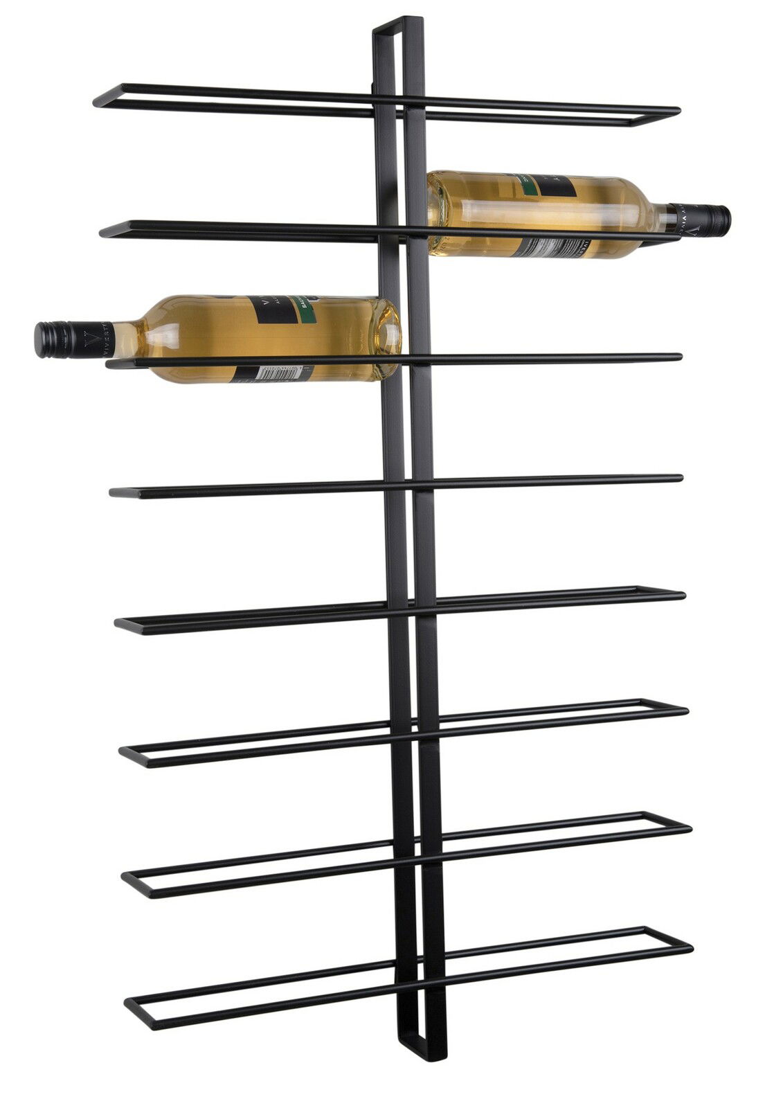 Schwarzes, modernes Weinregal aus Metall mit seitlicher Perspektive, das zwei Weinflaschen horizontal hält.