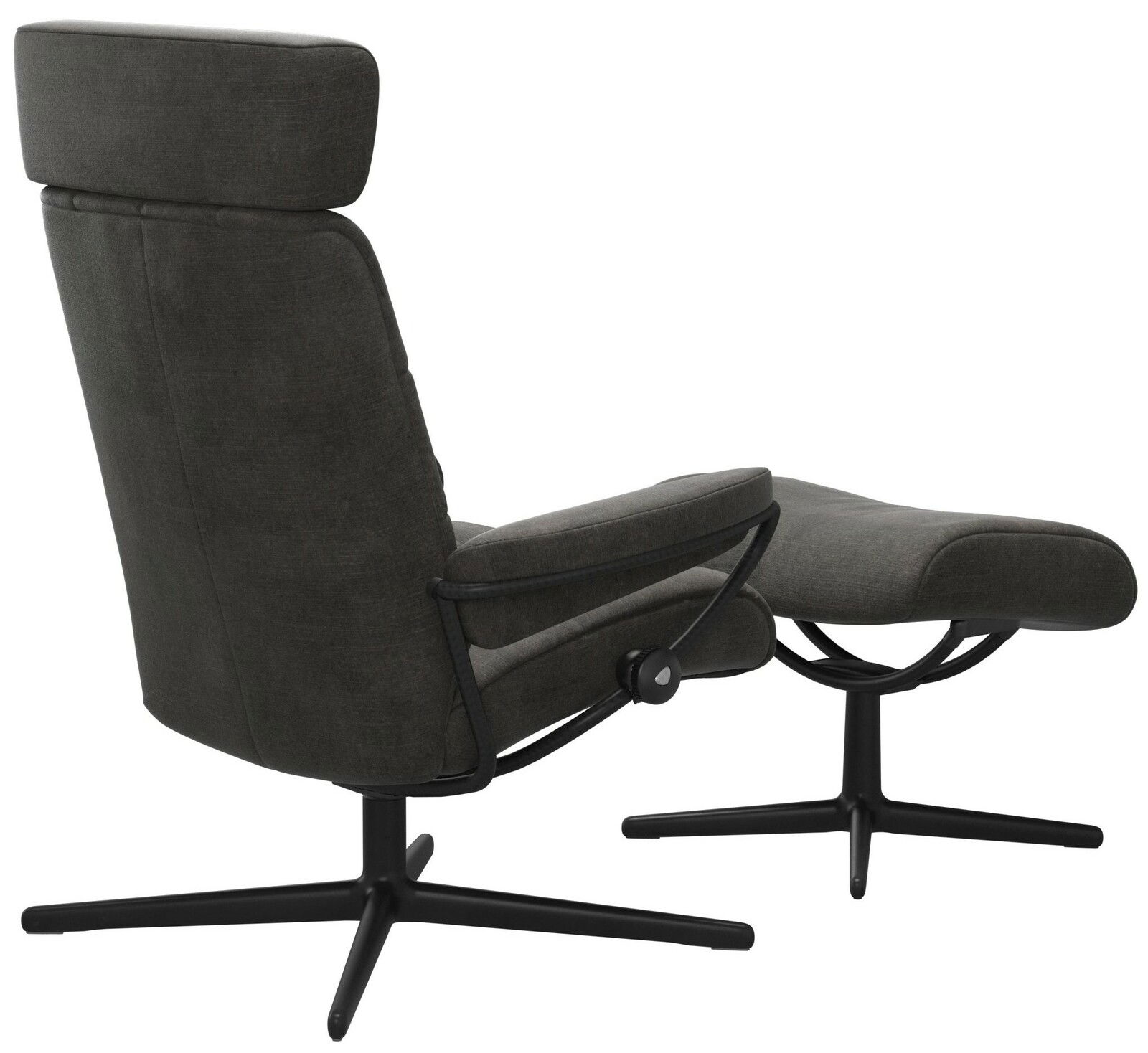 Rückansicht eines Einzelsessels mit Kopfstütze und passendem Hocker in dunklem Stoffbezug, auf schwarzem Drehgestell.